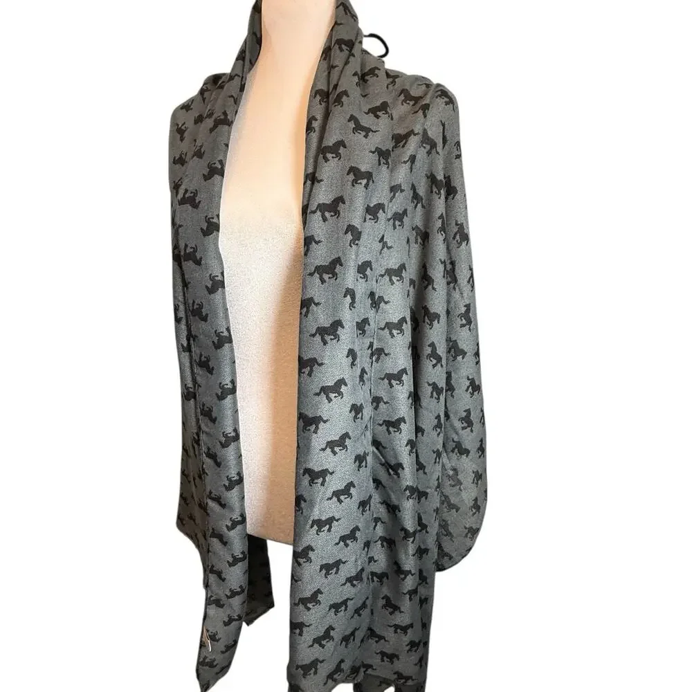 Semi-Sheer Soft Viscose Horse Print Rectangle Scarf Shawl Gray Black Western